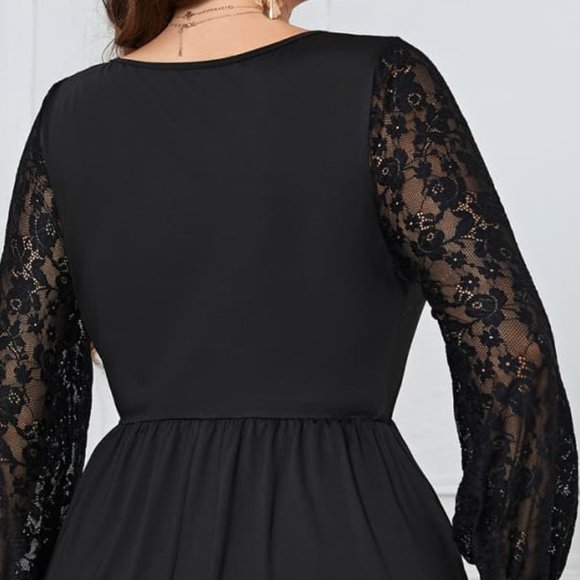 Melo Apparel Plus Size Lace Trim Round Neck Flounce Sleeve Dress - Picture 6 of 8